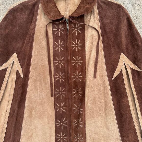 Vintage 60’s Western Style Mexican Genuine Suede Leather Poncho - Picture 2 of 8